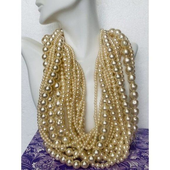 Vintage Women’s 14 Tier Graduated Faux Champagne Pearls￼ Oversized Necklace 22” - Picture 2 of 8